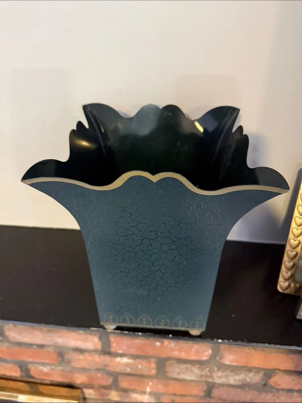 Decorative Teal Crackle Metal  Vase/ garbage pail with Gold Trim